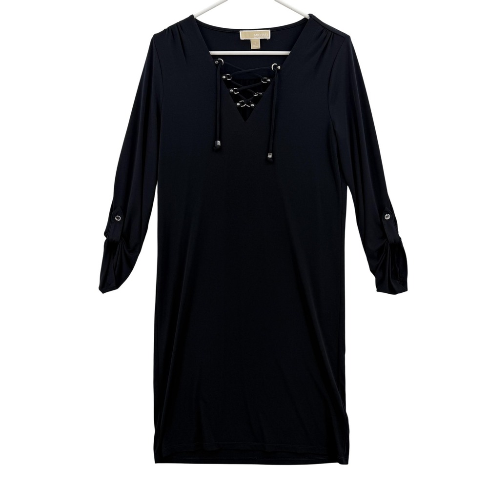 Michael Kors Dress Womens Small Black‎ Lace-Up Shift Roll Tab 3/4 Sleeve